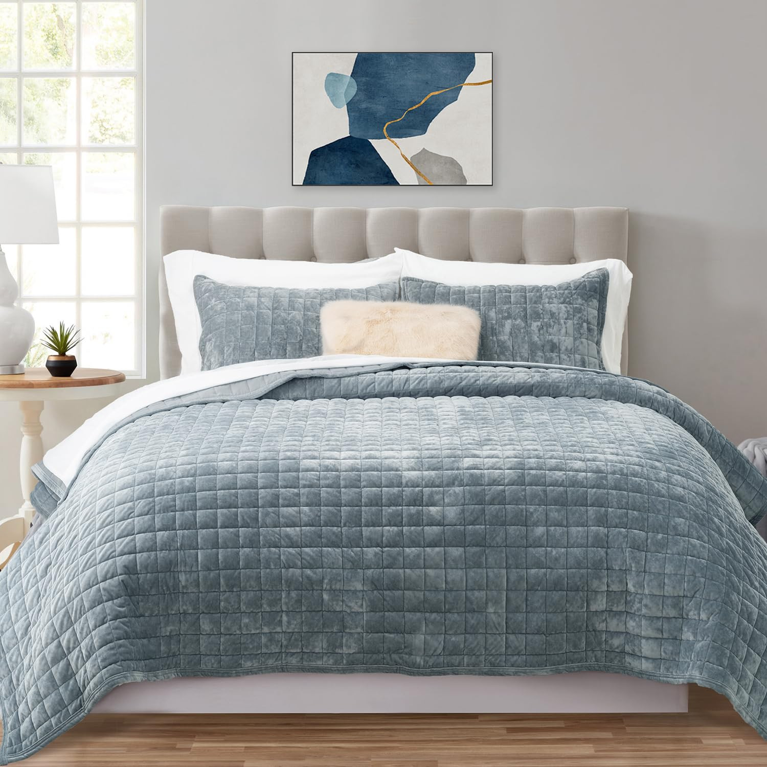 RECYCO Luxury Velvet Quilt Set Full Queen Size Bedding Sets, Ultra Soft Velvet Comforter Set, Lightweight Channel Box Stitch Oversized Bedspread Coverlet for All Season, with 2 Shams, Blue Linen | Amazon (US)