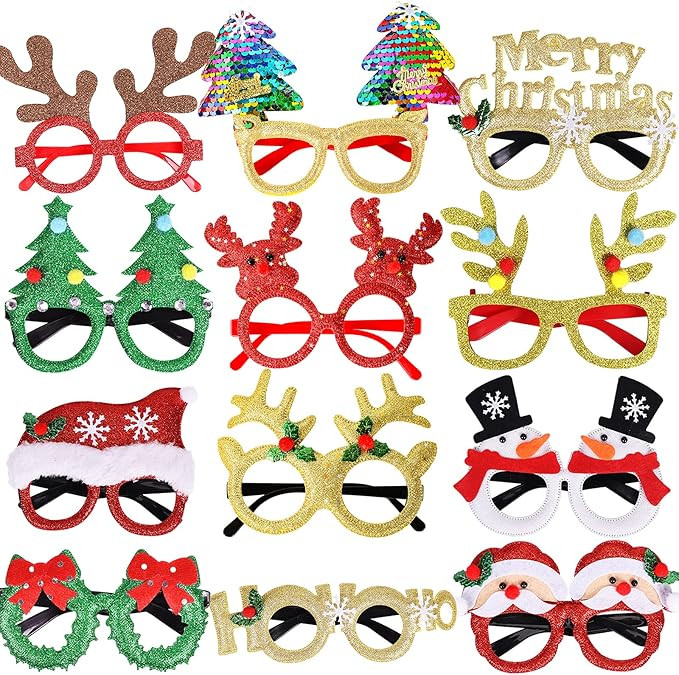 Max Fun 12Pcs Christmas Glasses Glitter Party Glasses Frames Christmas Decoration Costume Eyeglas... | Amazon (US)