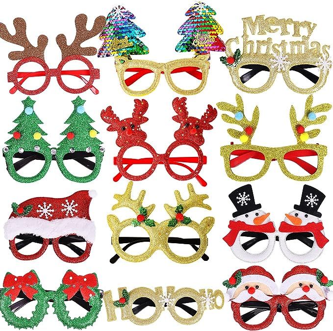 Max Fun 12Pcs Christmas Glasses Glitter Party Glasses Frames Christmas Decoration Costume Eyeglas... | Amazon (US)