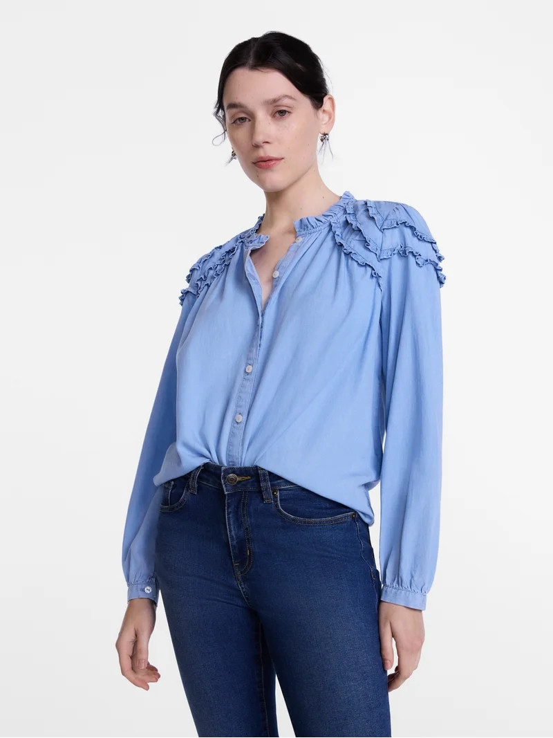 Scenario Women's and Women's Plus Ruffle Shoulder Top with Long Sleeves, Size XS-4X | Walmart (US)