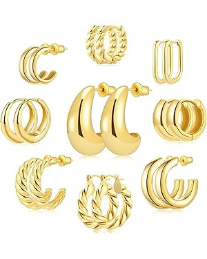 IDJEOABL Juego de 9 pares de aretes de aro chapados en oro y plata de ley para mujer, aretes de a... | Amazon (US)