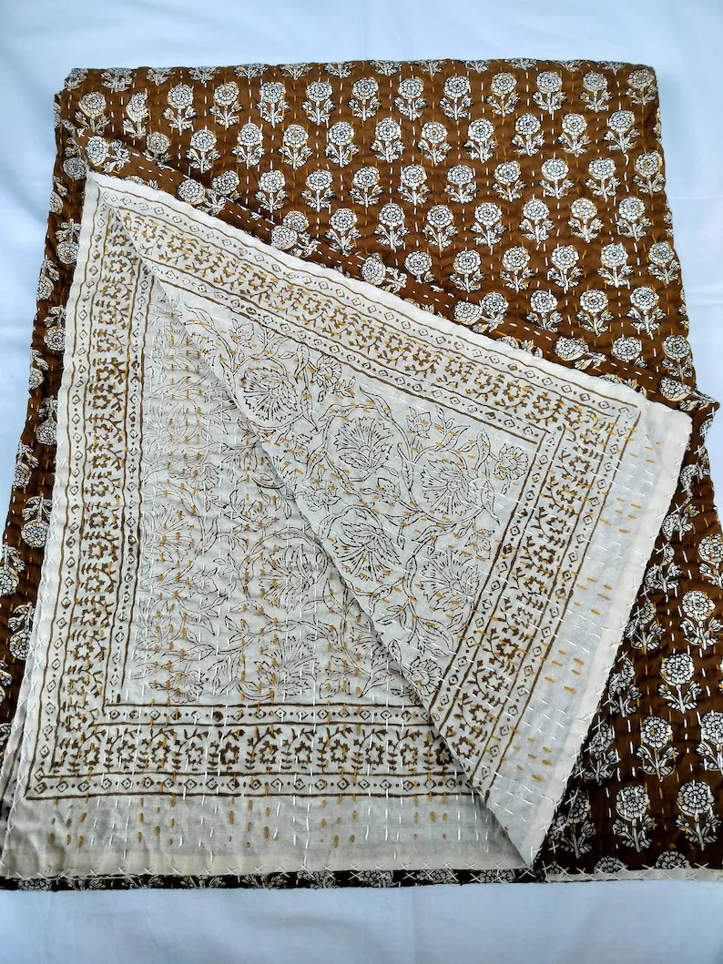 Brown Color Indian Kantha Quilt Reversible Kantha Throw Hand Block Print Indian Bedspread Queen K... | Etsy (US)