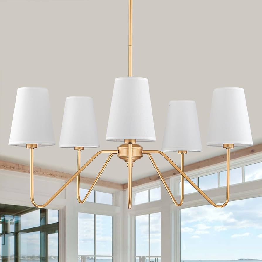 Brass Gold Chandeliers for Dining Room, 5-Light Modern Pendant Light Fixture Over Table with Whit... | Amazon (US)
