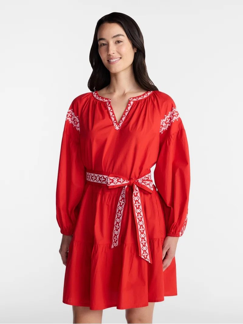 Time and Tru Women's Embroidered Cotton Mini Dress with Long Sleeves, Sizes XS-XXXL - Walmart.com | Walmart (US)