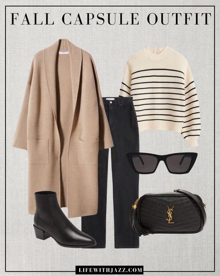 Fall capsule outfit styling a striped sweater

• mango coatigan - runs oversized 
• striped sweater - I recommend the reformation one, I’ve owned mine for a couple of years now 
• Abercrombie jeans - available in various washes and inseam 

Fall outfit / fall style / Smart casual / coat/ striped sweater / black jeans / black booties / black sunglasses / YSL purse

#LTKstyletip #LTKSeasonal