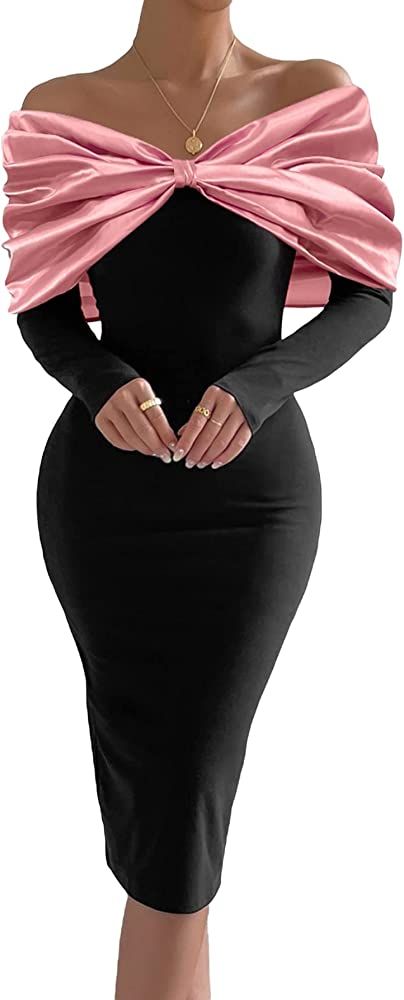 WDIRARA Women's Off Shoulder Bow Ruched Slit Long Sleeve Party Prom Bodycon Midi Dress | Amazon (US)