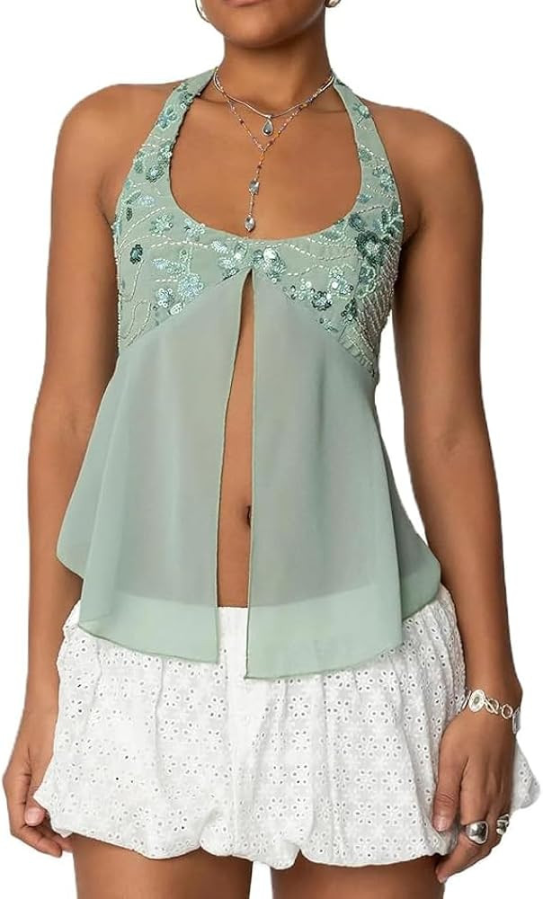 Women Y2K Sparkly Halter Neck Tank Tops Sleeveless Tie Back Glitter Crop Top Backless Sequin Cami... | Amazon (US)