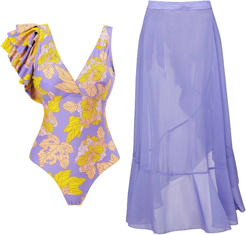 Women's Bathing Suit with Sarong Cover up Wrap Skirt Floral Swimsuit Monokini Swimwear Beach Outfit | Amazon (US)