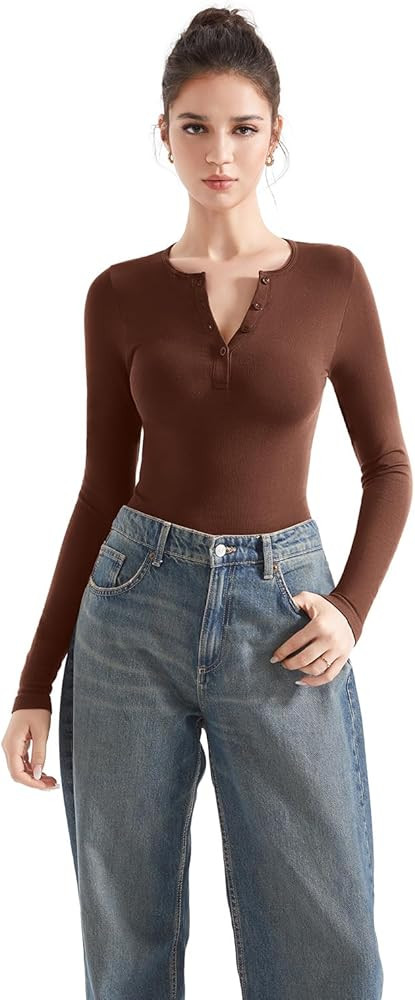 SUUKSESS Women Henley Crew Neck Long Sleeve Crop Tank Tops Button Up Ribbed Shirts | Amazon (US)