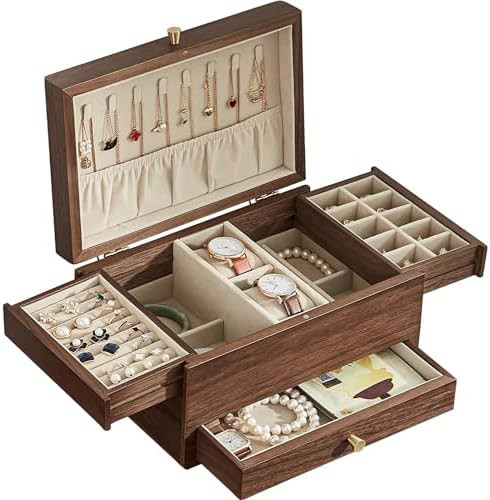 CHOSIN Black Walnut Wooden Jewelry Box for Women, 3 Level Multi-functional Drawer Organizer Box W... | Amazon (US)