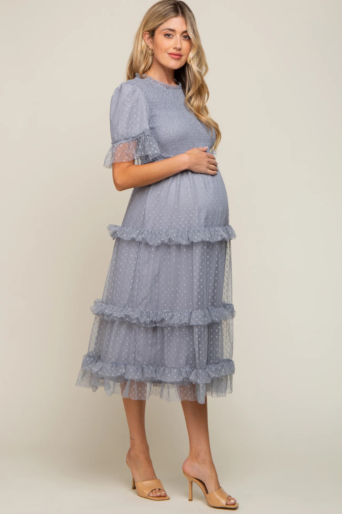 Light Blue Polka Dot Tulle Smocked Maternity Midi Dress | PinkBlush Maternity