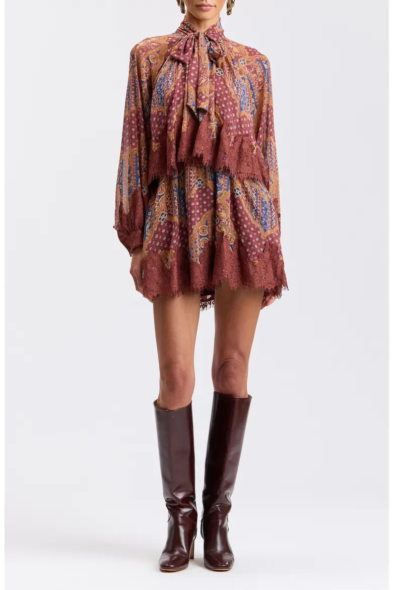 Avec Les Filles Long Sleeve Scarf Print Georgette Minidress in Cognac Medallion Sca at Nordstrom, Size 2 | Nordstrom
