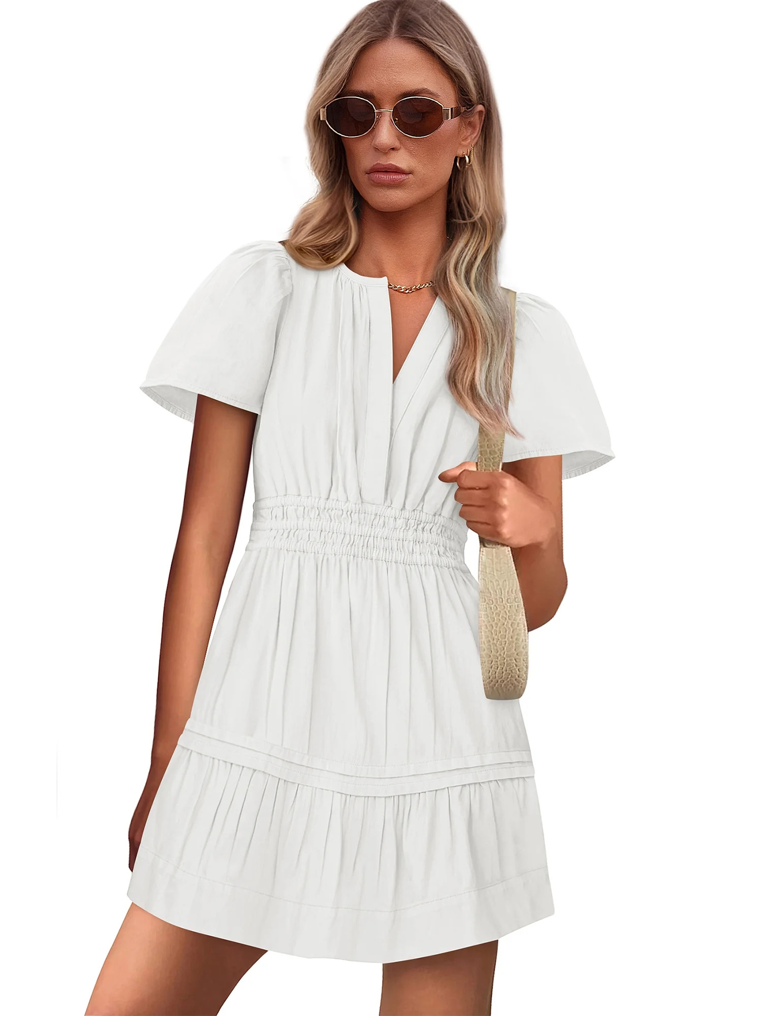 PRETTYGARDEN Women's Ruched Tiered Mini Dress with Short Sleeves, Sizes S-XXL | Walmart (US)