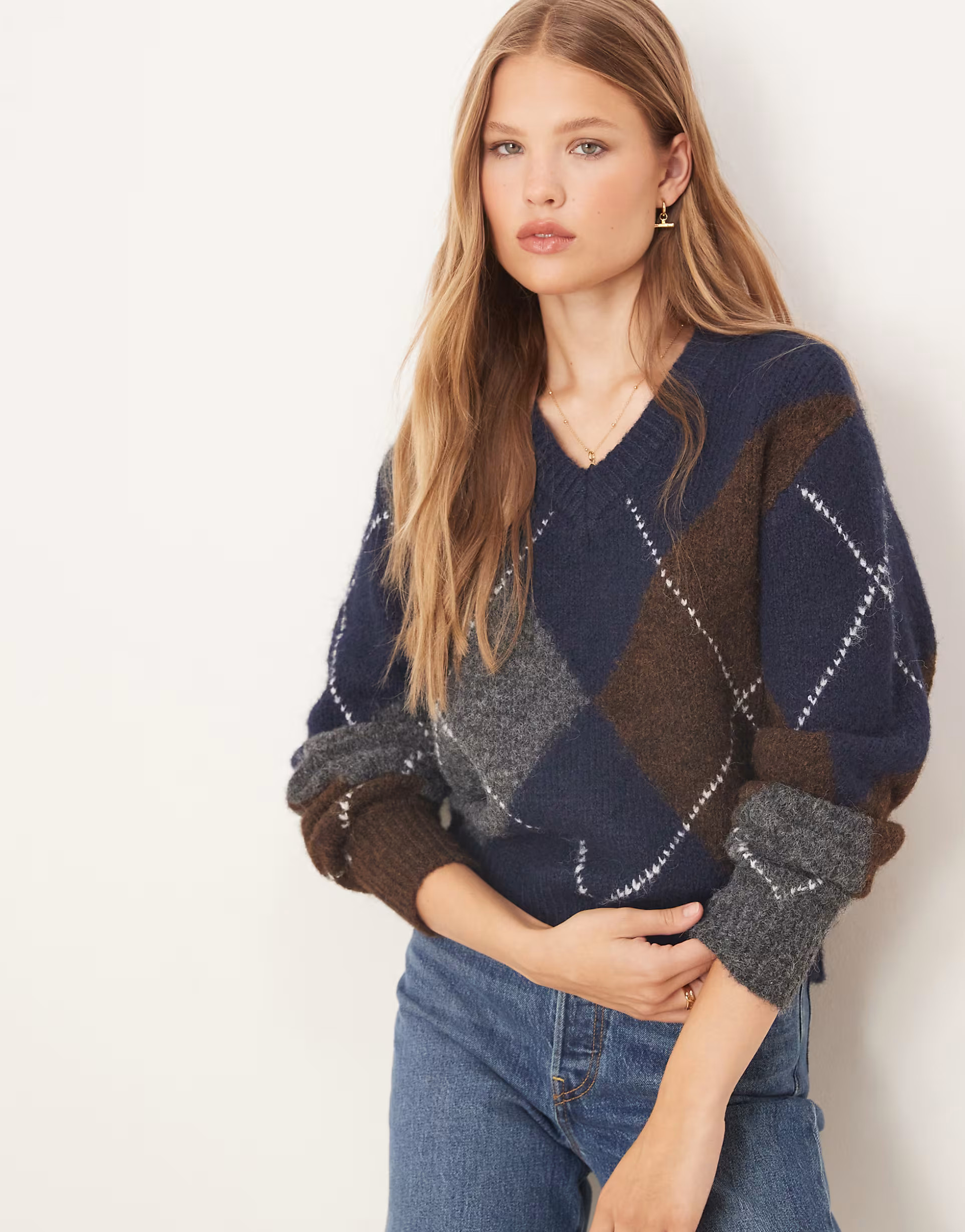 Gina Tricot argyle pattern knit sweater in navy | ASOS (Global)