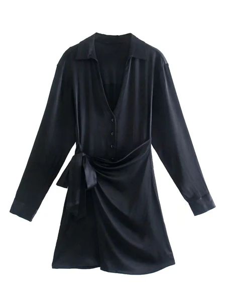 'Dora' Black Wrap Front Silky Dress | Goodnight Macaroon