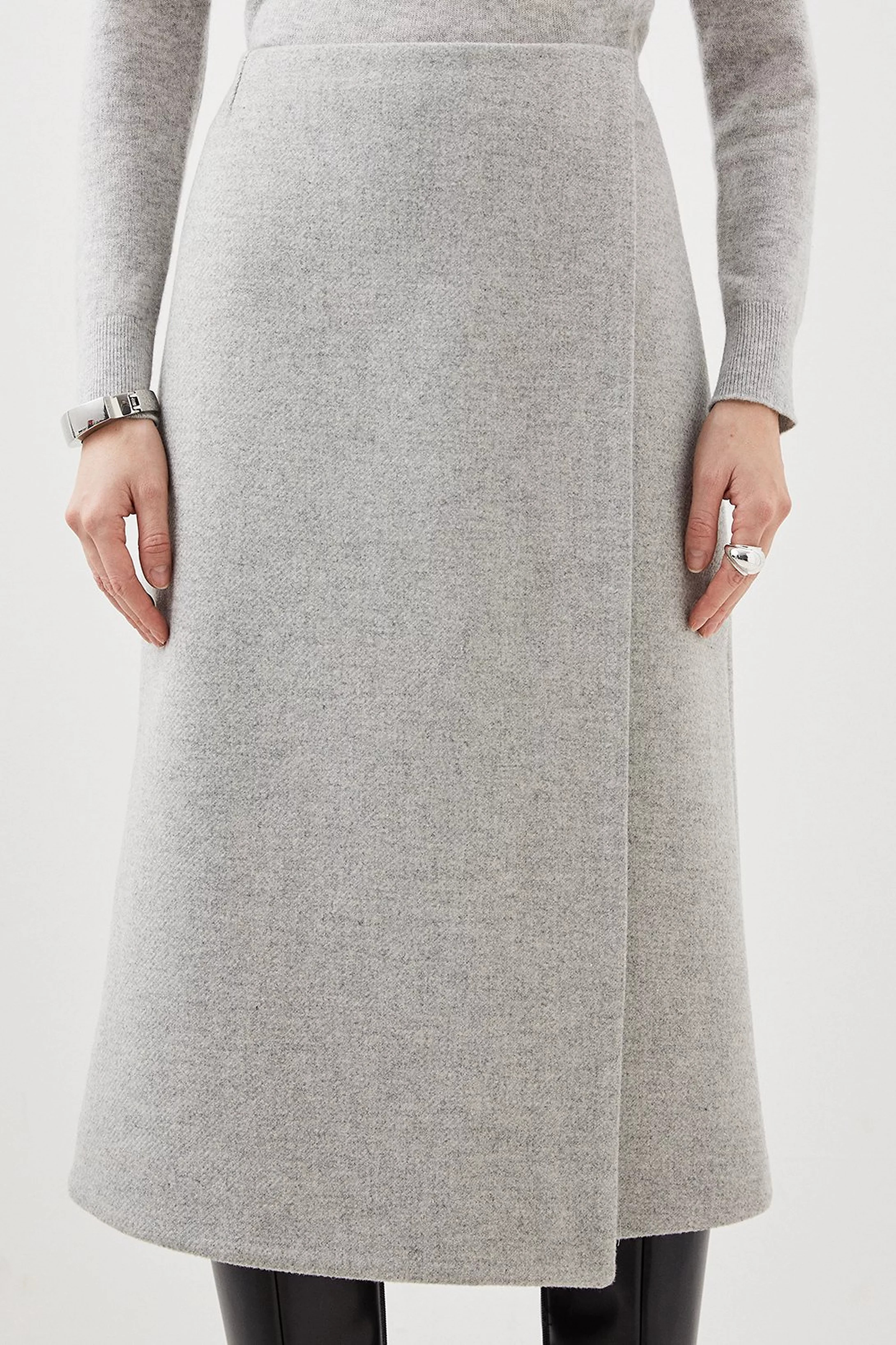 Tailored Wool Blend Double Faced Wrap Detail Midi Skirt | Karen Millen US