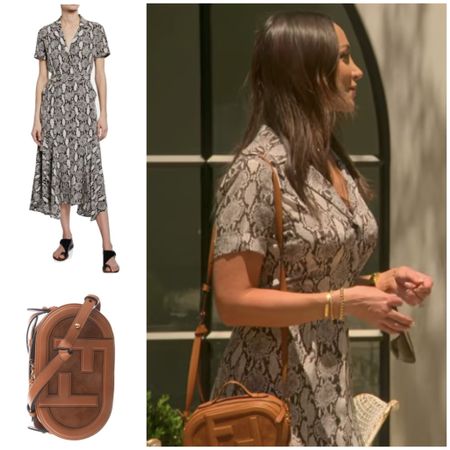 Farrah Aldjufrie’s Snake Print Maxi Dress and Brown Camera Bag on Buying Beverly Hills Season 2 Episode 7