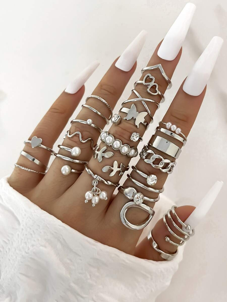 22pcs Vintage & Elegant Faux Pearl And Rhinestone Decor Heart And Multi-Element Ring Set Suitable... | SHEIN