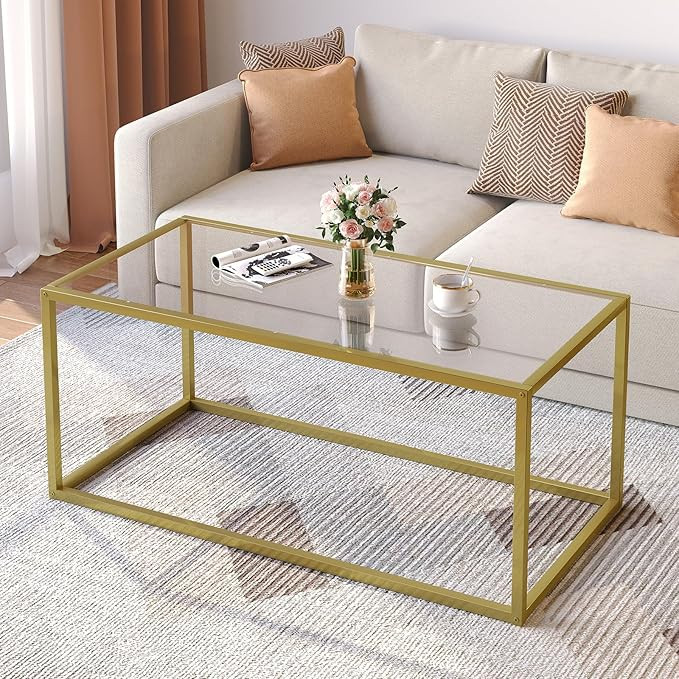 SAYGOER Gold Coffee Table Glass Coffee Tables Modern Rectangular Center Table Simple Minimalist S... | Amazon (US)