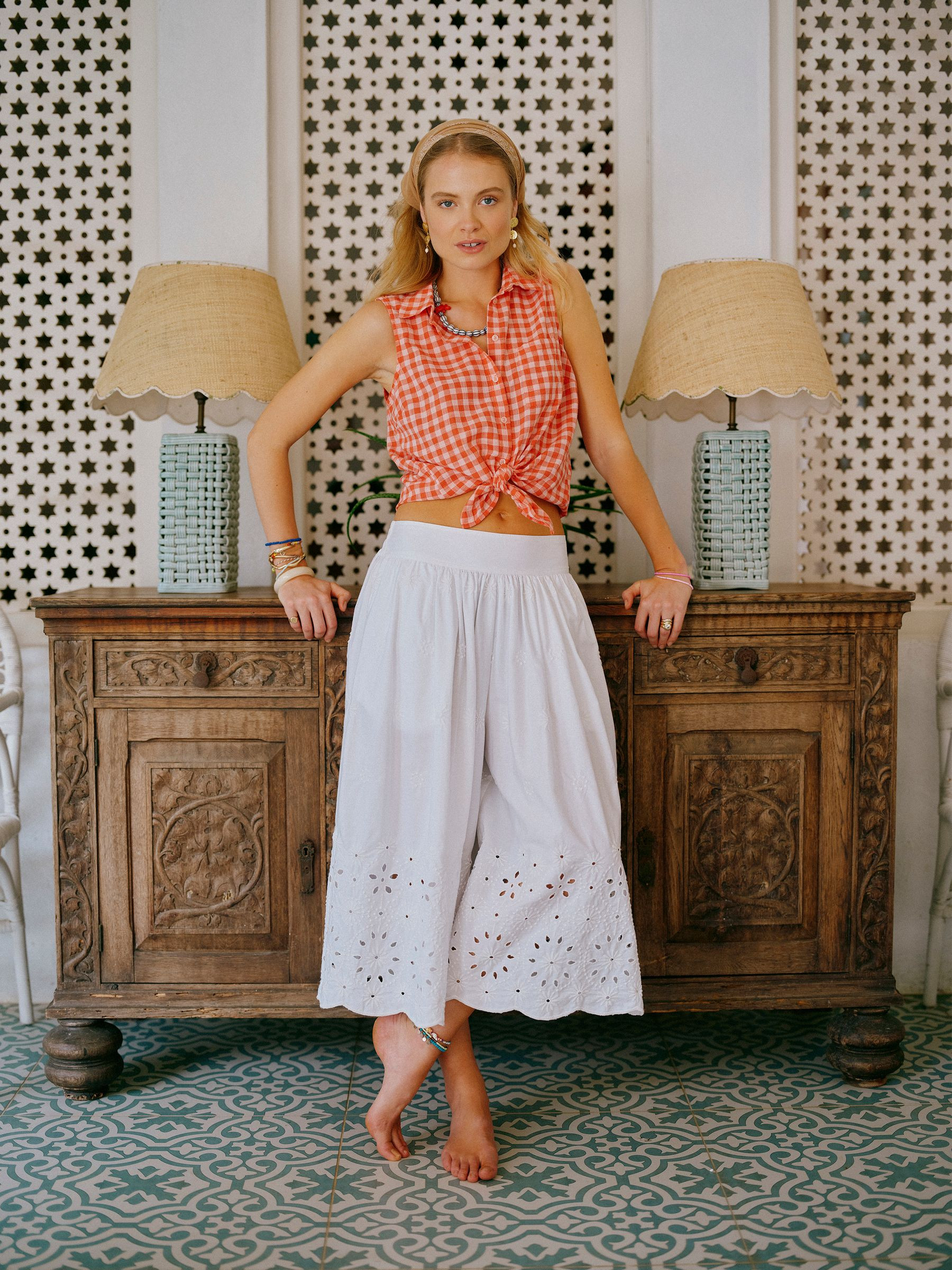 White Broderie Cropped Wide Leg Culottes | Joules | Joules