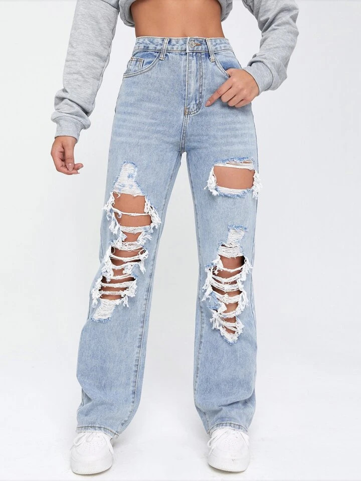 SHEIN EZwear Light Washed Cut Out Ripped Straight Leg Jeans | SHEIN