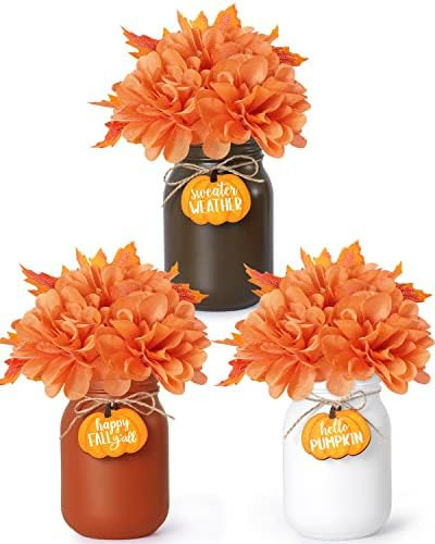 Fall Mason Jar Floral Arrangement Table Centerpiece with Faux Maple Leaves Pumpkins Slices Autumn... | Amazon (US)