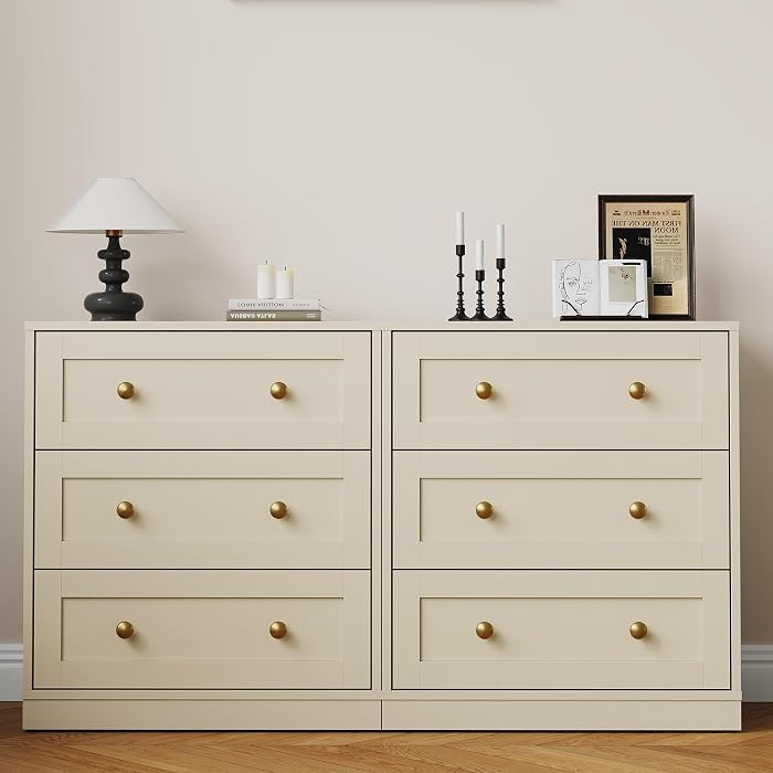 RoyalCraft Beige 3 Drawer Nightstand Set of 2, Large Bedside Table with Golden Round Knobs, Moder... | Amazon (US)