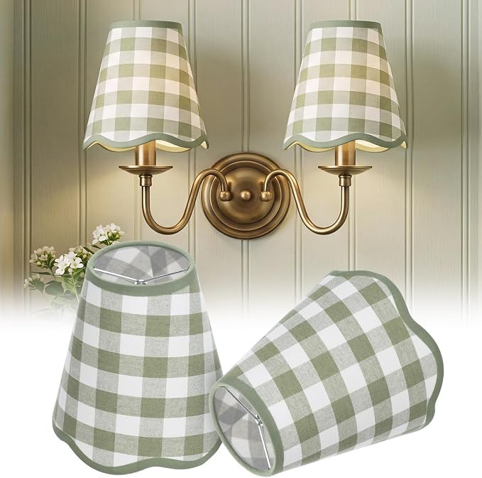 2 Pcs Sage Green Check Small Scalloped Lamp Shades Chandelier Lamp Shade 3 x 6 x 6 Inch Linen Fab... | Amazon (US)
