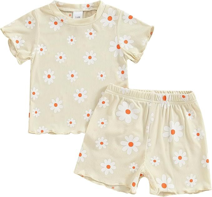 Ayalinggo Baby Girl Summer Outfits Short Sleeve Lettuce Trim Floral Tops + Shorts Set Infant Clot... | Amazon (US)