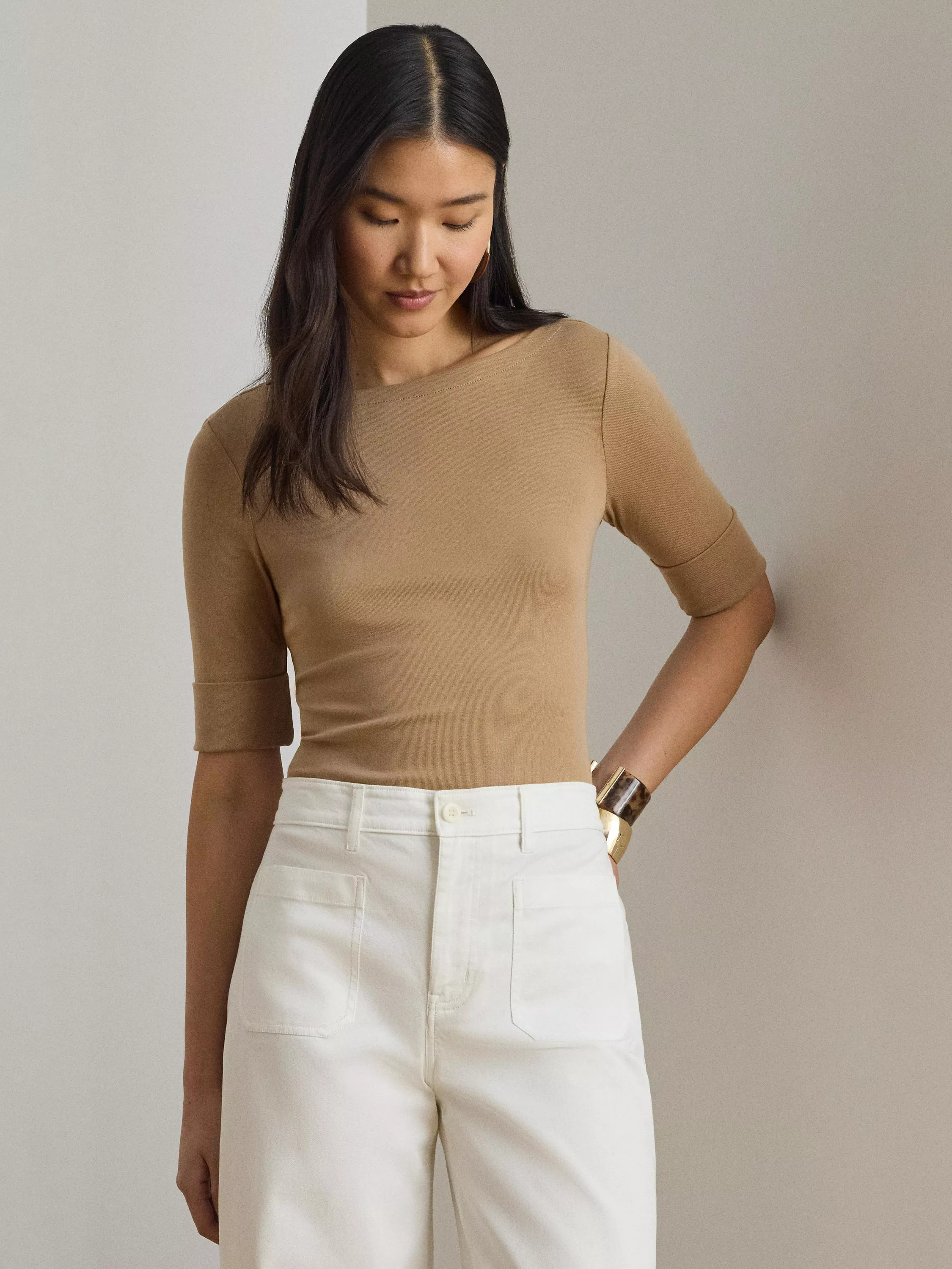 Lauren Ralph Lauren Judy Short Sleeve Stretch Cotton Slim Fit Top, Classic Camel | John Lewis (UK)
