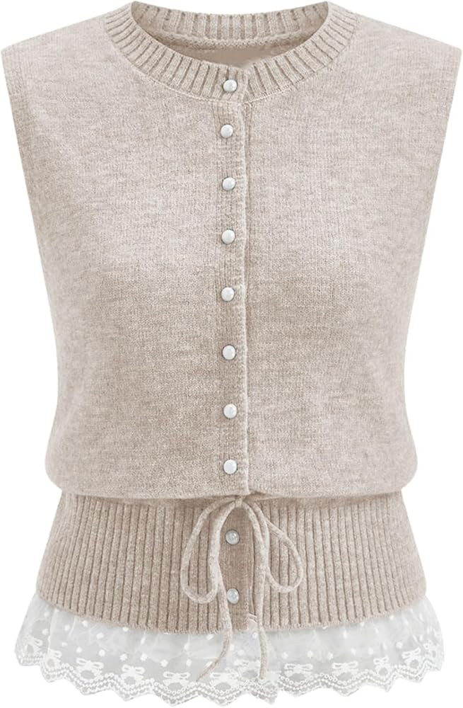 QIBABU Womens Sweater Vest Casual Button Down Sleeveless Cardigan Lace Hem Lightweight Knit Tank ... | Amazon (US)