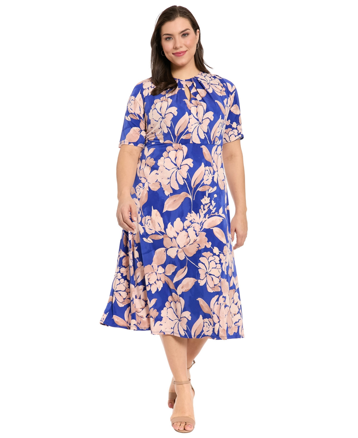 London Times Plus Size Printed V-Neck Midi Dress - Blue | Macy's