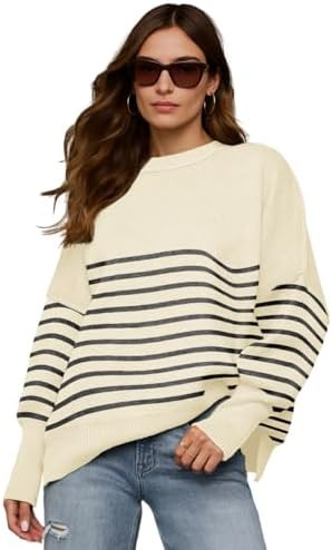 Womens Crewneck Batwing Long Sleeve Sweaters Fall 2025 Oversized Side Slit Ribbed Knit Sweaters P... | Amazon (US)