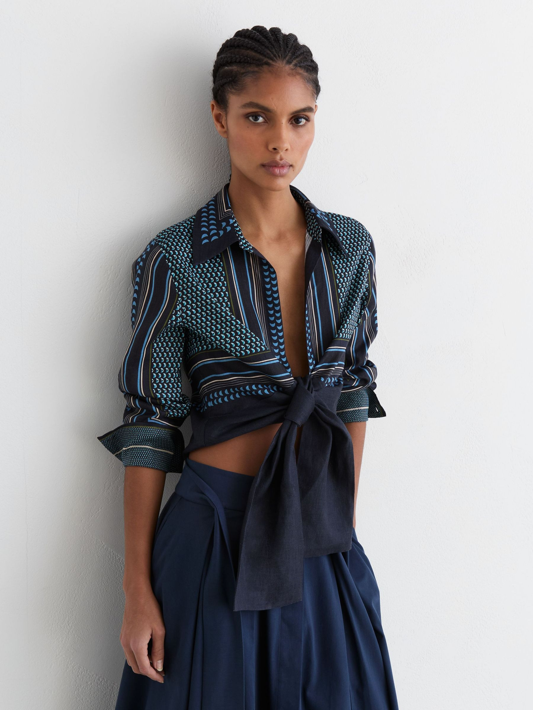Reiss Linen Scarf-Print Tie-Front Shirt in Navy/Ivory - REISS | Reiss UK
