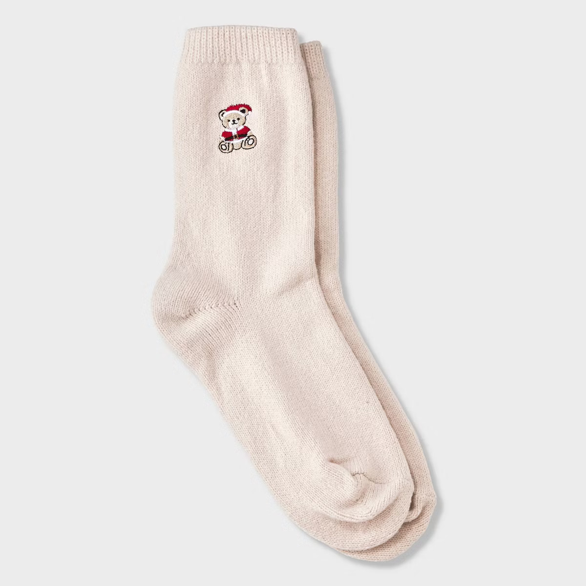 Girls' Embroidered Christmas Teddy Bear Sweater Crew Socks - Cat & Jack™ Oatmeal | Target