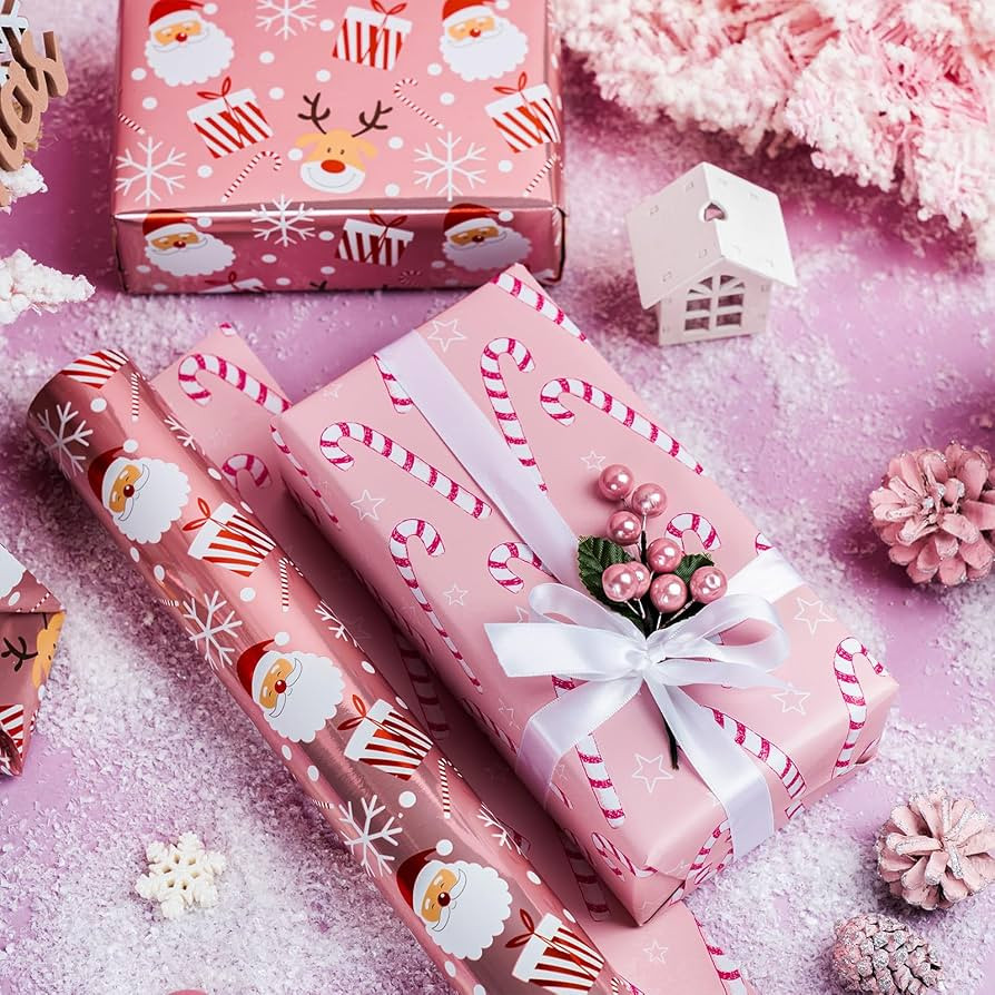 LeZakaa Christmas Pink Wrapping Paper Mini Roll, Santa Claus & Candy Cane, Metallic Foil, Rose Go... | Amazon (US)