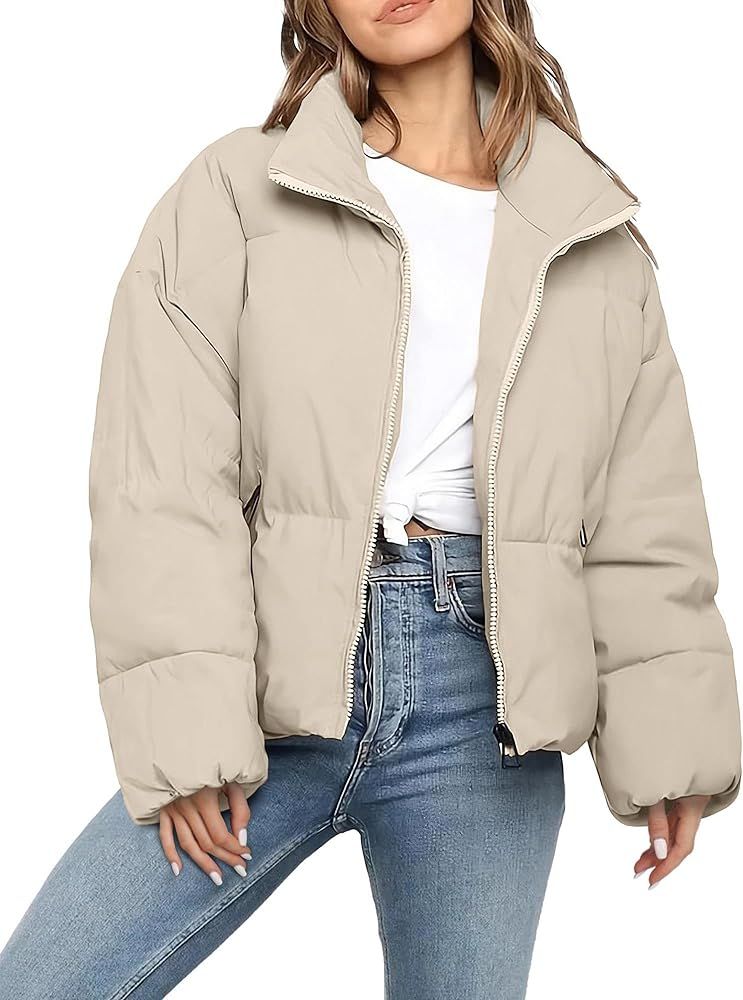 Polu Women's Winter Cropped Puffer Jacket Oversized Long Sleeve Full Zip Puffy Coat Warm Quilted ... | Amazon (US)