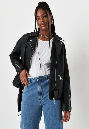 Missguided - Black Faux Leather Belted Boyfriend Biker Jacket | Missguided (UK & IE)