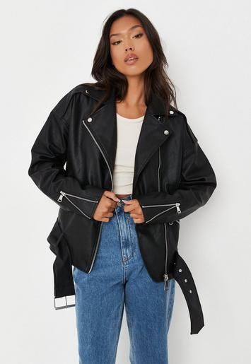 Missguided - Black Faux Leather Belted Boyfriend Biker Jacket | Missguided (US & CA)