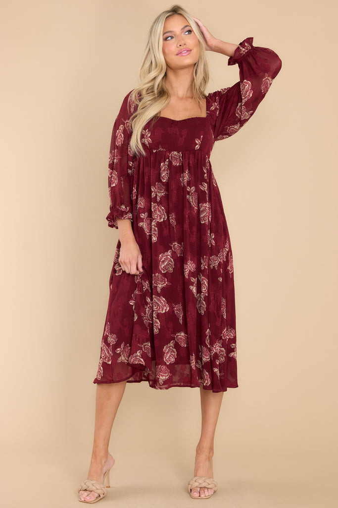 Full Of Beauty Burgundy Floral Print Midi Dress | Red Dress 