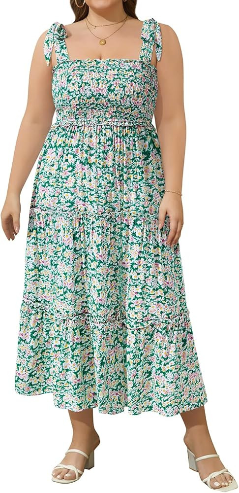 Women's Plus Size Summer Spaghetti Strap Maxi 2024 Beach Square Neck Smocked Long Flowy Tiered Dr... | Amazon (US)