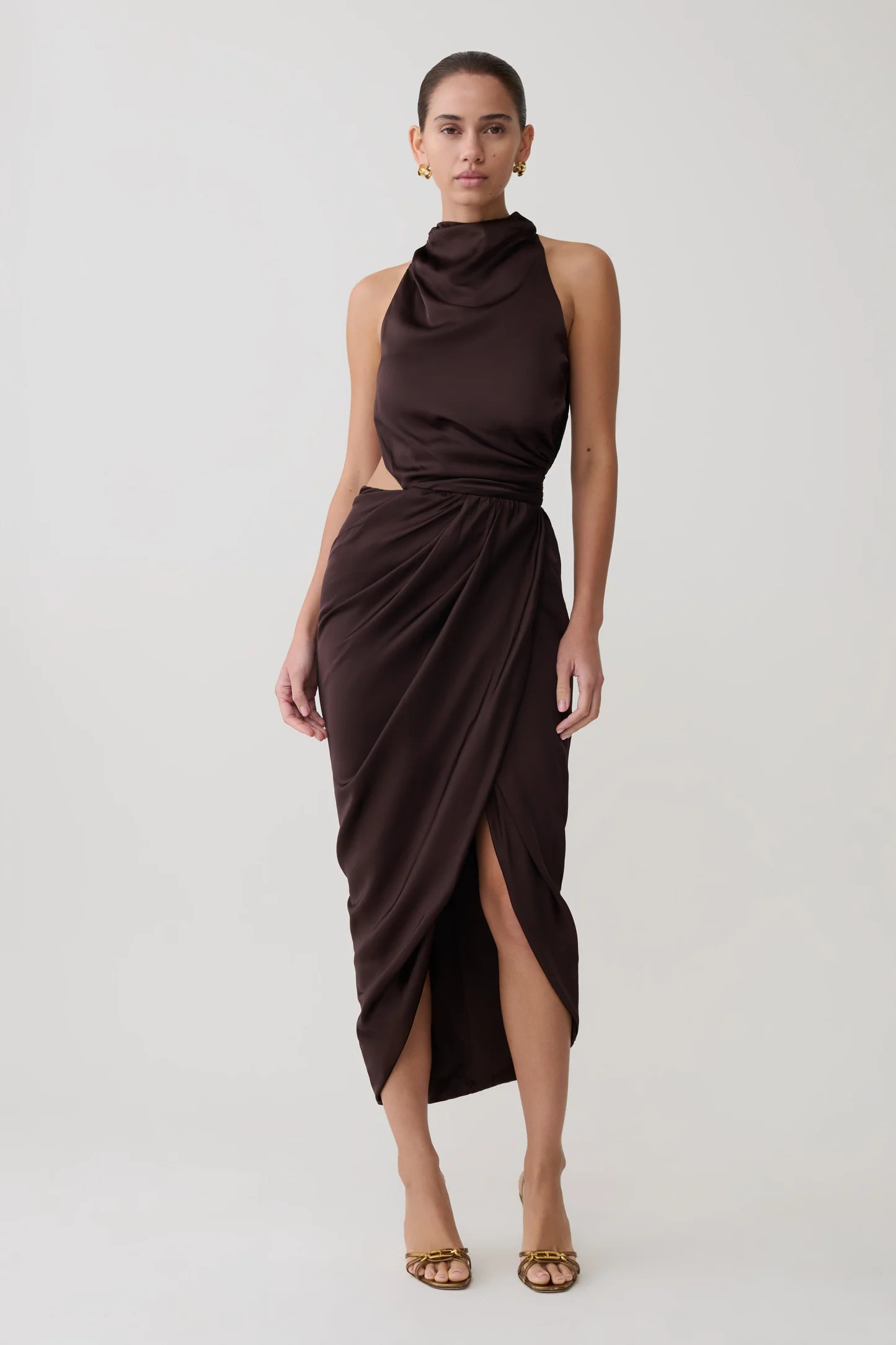 Draped Halter Midi Dress - Dark Chocolate | MESHKI US