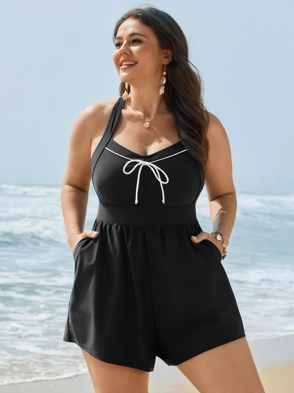 Bow-Tie Color Contrast Shirred Swim Romper | Bloomchic