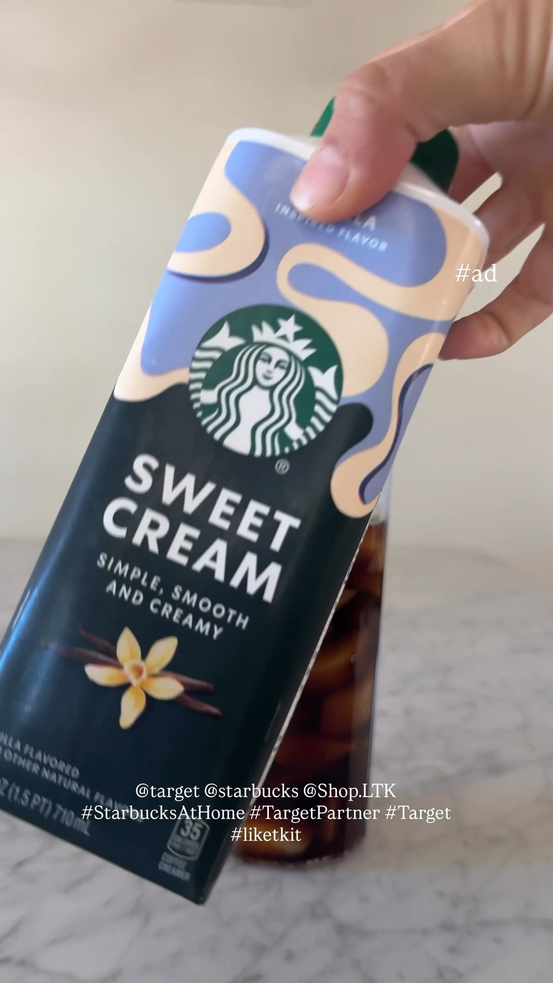 #ad @starbucks Sweet Cream Vanilla at home! Got everything I need from @target! 

Here is my Recipe: 

-big cup of ice

-equal parts cold brew concentrate and water 

-light splash of sweet cream creamer



Hope that helps! 



 @Shop.LTK

#StarbucksAtHome #TargetPartner #Target #liketkit