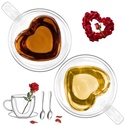glastal Espresso Cup 5oz Double Walled Glass Coffee Mugs Tea Cups with Handle Saucer Set of 2 Heart Shaped Milk Juice Cups Drinking Glasses Mother's Day Gifts for Mom Birthday Gifts for Wife Grandma | Amazon (US)