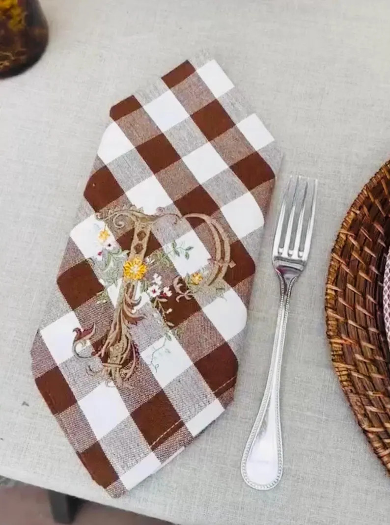 Diamond Font Monogram Embroidered on Brown Checkered Dinner Napkin | Etsy (Global)