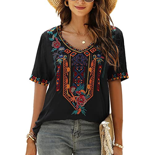 LauraKlein Women's Boho Mexican Embroidered Tops for Women V Neck Short Sleeve Summer Peasant Blouse Loose Ethnic Tunics Shirts(Black, X-Large) | Amazon (US)