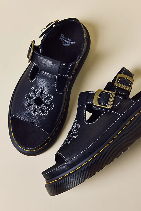 Dr. Martens Women's Dunnet Flower T-Strap Sandal in Black Ar Rogue, Women's at Urban Outfitters | Urban Outfitters (US and RoW)