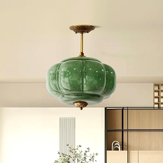 Milk Glass Ceiling Light Fixture - Antique Brass Semi Flush Mount Pendant Light for Kitchen, Hall... | Amazon (US)