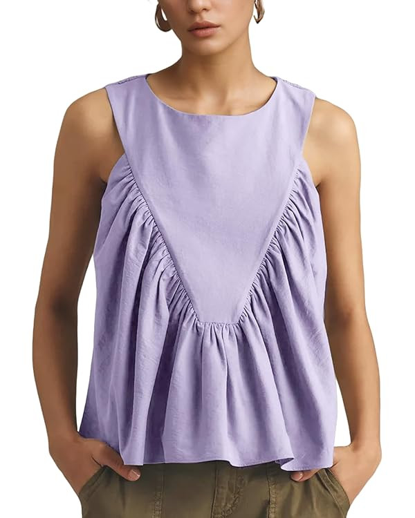 Wyeysyt Peplum Tops for Women Shirred Swing Tank Tops Pleated Flowy Vest Casual Sleeveless Blouse... | Amazon (US)